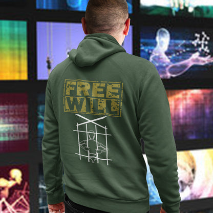 Person wearing a bottle green hoodie with 'FREE WILL' text and graphic design, standing in front of colourful screens. A civil rights hoodie design to promote independent thought and self awareness. If you are feeling overwhelmed by influence, join the 'free will' movement. Comfortable and practical. It's extra soft and has a convenient front pouch pocket. Made from organic cotton and recycled polyester, this social awareness hoodie is a great eco-friendly choice.
