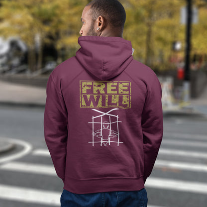 Person wearing a burgundy hoodie with 'FREE WILL' text on the back, standing on a street. A civil rights hoodie design to promote independent thought and self awareness. If you are feeling overwhelmed by influence, join the 'free will' movement. Comfortable and practical. It's extra soft and has a convenient front pouch pocket. Made from organic cotton and recycled polyester, this social awareness hoodie is a great eco-friendly choice.