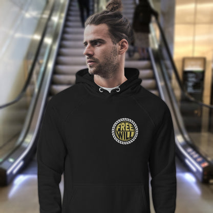 Man wearing a black hoodie with a logo in an indoor setting. A civil rights hoodie design to promote independent thought and self awareness. If you are feeling overwhelmed by influence, join the 'free will' movement. Comfortable and practical. It's extra soft and has a convenient front pouch pocket. Made from organic cotton and recycled polyester, this social awareness hoodie is a great eco-friendly choice.