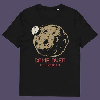 Black t shirt. A save the earth t shirt design suggesting we are not taking our environmental issues seriously enough, and are treating it all like a game. The problem is that when this game ends, it ends. Planet and environmental concern for gamers and everybody else. Made from 100% organic ring-spun cotton, this save the earth t shirt is unisex, high-quality, super comfy, and best of all, eco-friendly.