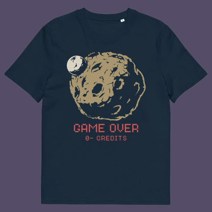 French navy t shirt. A save the earth t shirt design suggesting we are not taking our environmental issues seriously enough, and are treating it all like a game. The problem is that when this game ends, it ends. Planet and environmental concern for gamers and everybody else. Made from 100% organic ring-spun cotton, this save the earth t shirt is unisex, high-quality, super comfy, and best of all, eco-friendly.