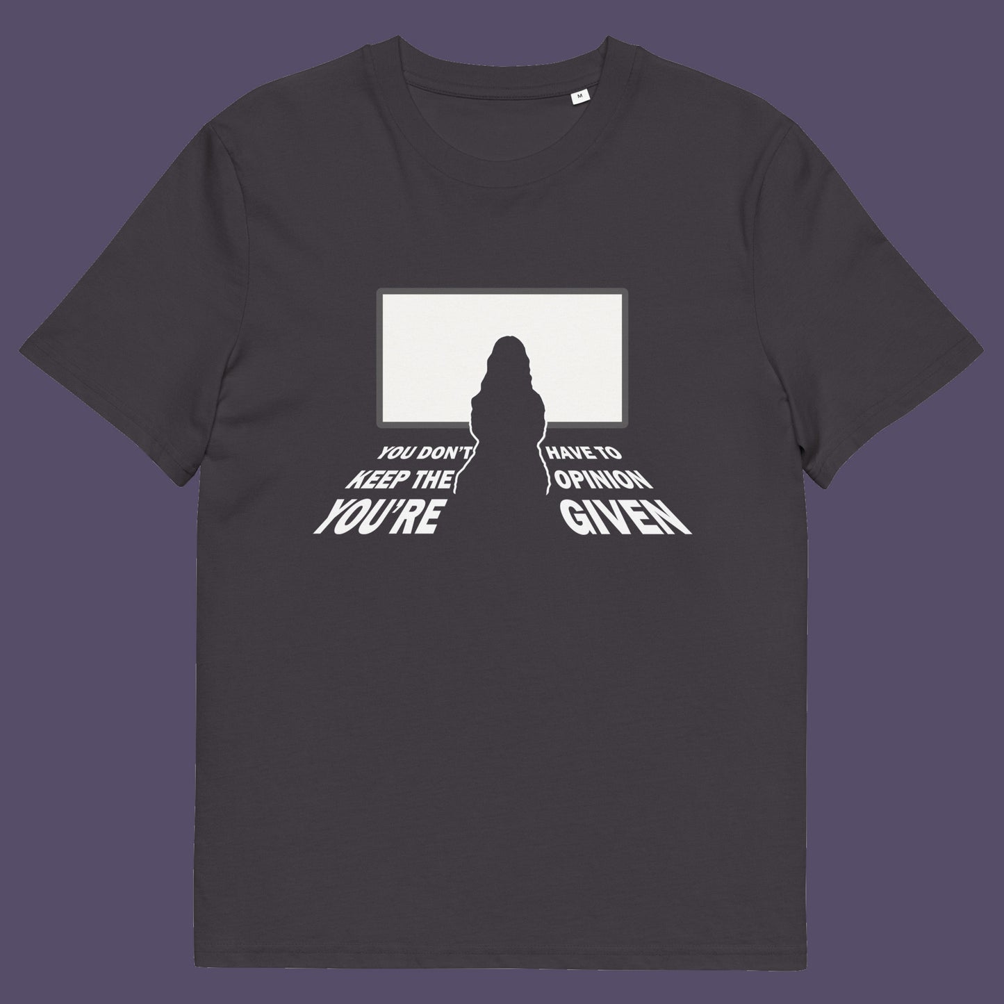 Anthracite t shirt. A non conformist t shirt design to promote self awareness. In a age of external influence. especially from mass media, lets not forget that you still own the right to investigate and form your own opinion. A design to promote independent thought and the need to think outside the box. Made from 100% organic ring-spun cotton, this self worth t shirt is unisex, high quality, super comfy, and best of all, eco-friendly.