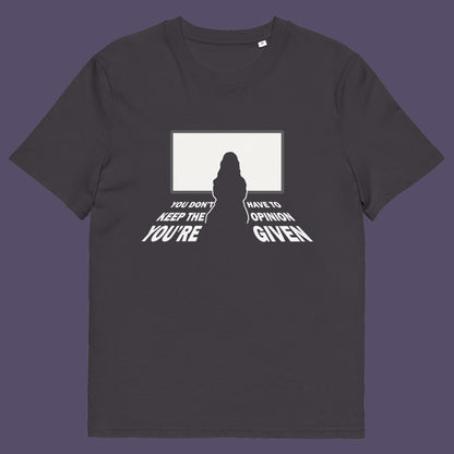 Anthracite t shirt. A non conformist t shirt design to promote self awareness. In a age of external influence. especially from mass media, lets not forget that you still own the right to investigate and form your own opinion. A design to promote independent thought and the need to think outside the box. Made from 100% organic ring-spun cotton, this self worth t shirt is unisex, high quality, super comfy, and best of all, eco-friendly.