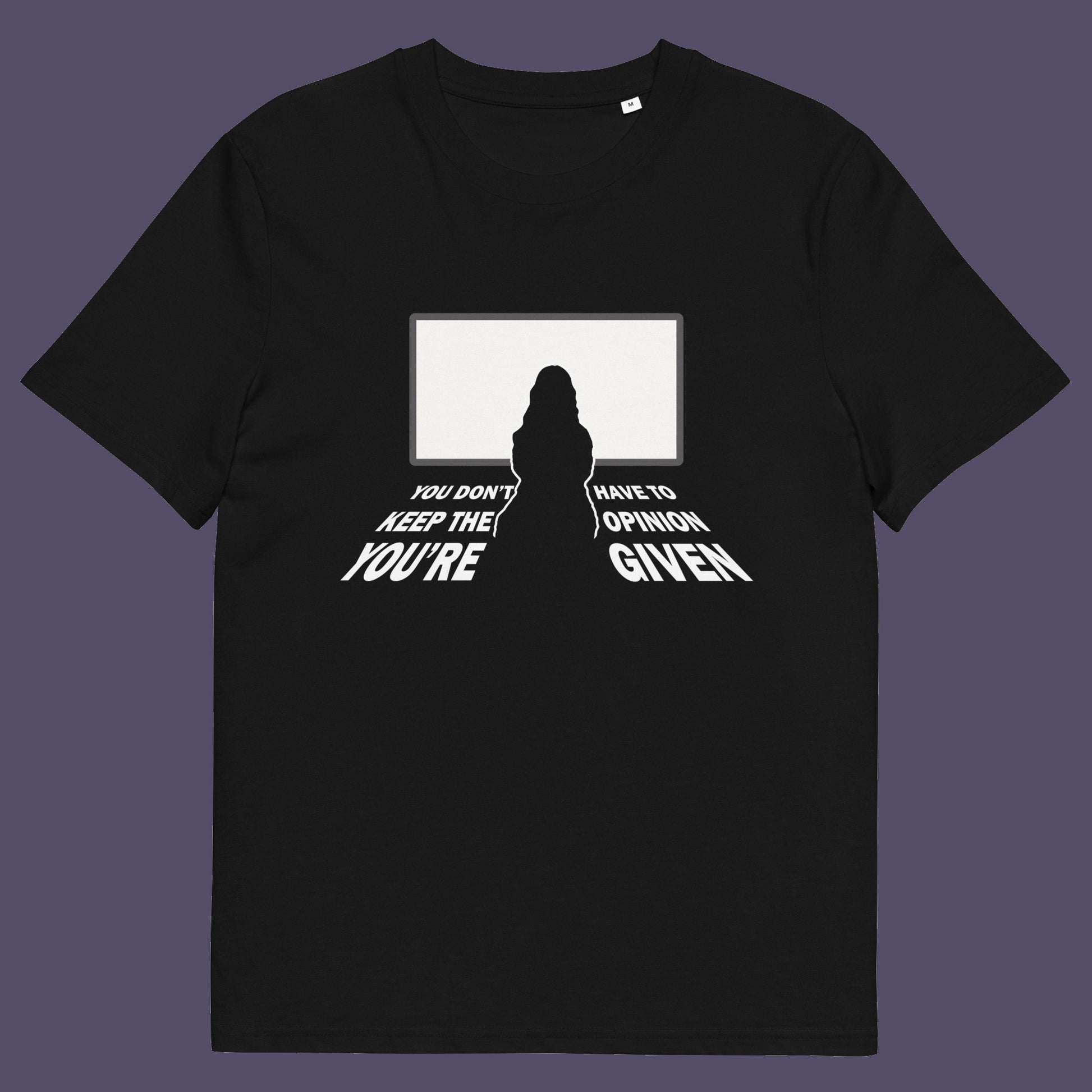 Black t shirt. A non conformist t shirt design to promote self awareness. In a age of external influence. especially from mass media, lets not forget that you still own the right to investigate and form your own opinion. A design to promote independent thought and the need to think outside the box. Made from 100% organic ring-spun cotton, this self worth t shirt is unisex, high quality, super comfy, and best of all, eco-friendly.