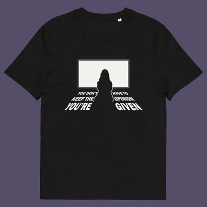 Black t shirt. A non conformist t shirt design to promote self awareness. In a age of external influence. especially from mass media, lets not forget that you still own the right to investigate and form your own opinion. A design to promote independent thought and the need to think outside the box. Made from 100% organic ring-spun cotton, this self worth t shirt is unisex, high quality, super comfy, and best of all, eco-friendly.