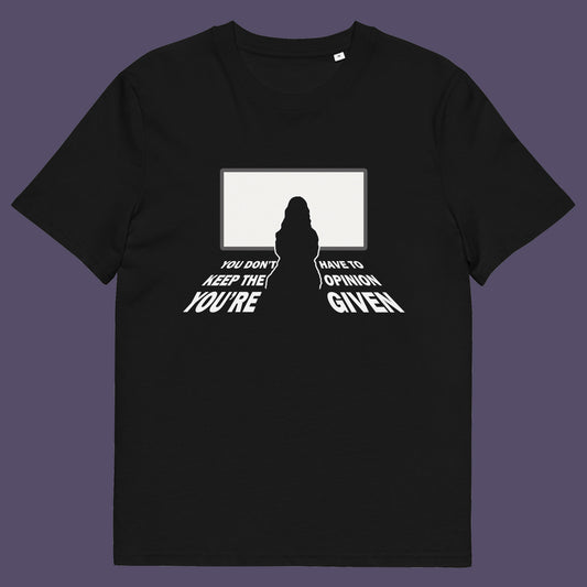 Black t shirt. A non conformist t shirt design to promote self awareness. In a age of external influence. especially from mass media, lets not forget that you still own the right to investigate and form your own opinion. A design to promote independent thought and the need to think outside the box. Made from 100% organic ring-spun cotton, this self worth t shirt is unisex, high quality, super comfy, and best of all, eco-friendly.