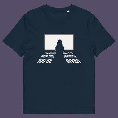 French navy t shirt. A non conformist t shirt design to promote self awareness. In a age of external influence. especially from mass media, lets not forget that you still own the right to investigate and form your own opinion. A design to promote independent thought and the need to think outside the box. Made from 100% organic ring-spun cotton, this self worth t shirt is unisex, high quality, super comfy, and best of all, eco-friendly.