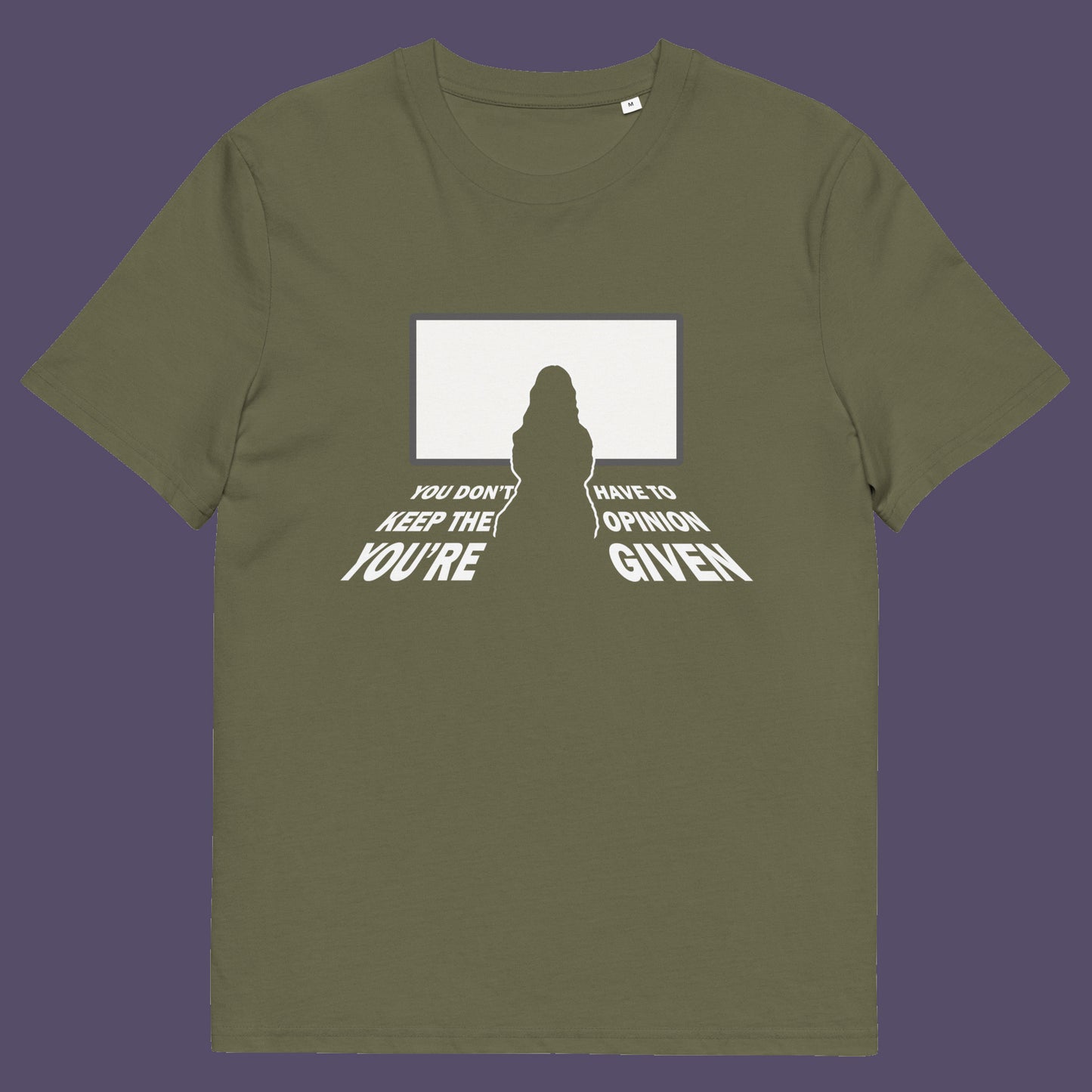 Khaki t shirt. A non conformist t shirt design to promote self awareness. In a age of external influence. especially from mass media, lets not forget that you still own the right to investigate and form your own opinion. A design to promote independent thought and the need to think outside the box. Made from 100% organic ring-spun cotton, this self worth t shirt is unisex, high quality, super comfy, and best of all, eco-friendly.