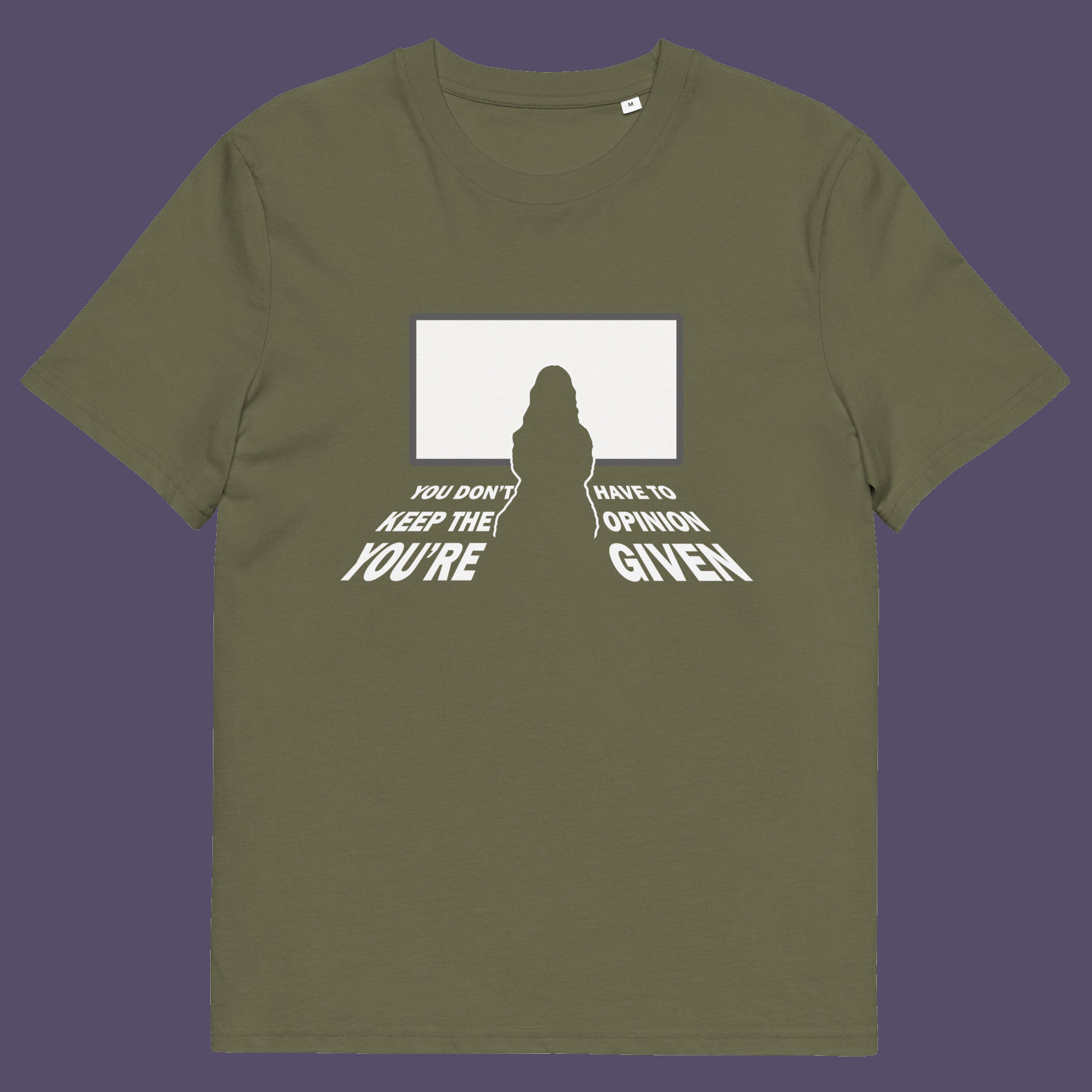 Khaki t shirt. A non conformist t shirt design to promote self awareness. In a age of external influence. especially from mass media, lets not forget that you still own the right to investigate and form your own opinion. A design to promote independent thought and the need to think outside the box. Made from 100% organic ring-spun cotton, this self worth t shirt is unisex, high quality, super comfy, and best of all, eco-friendly.