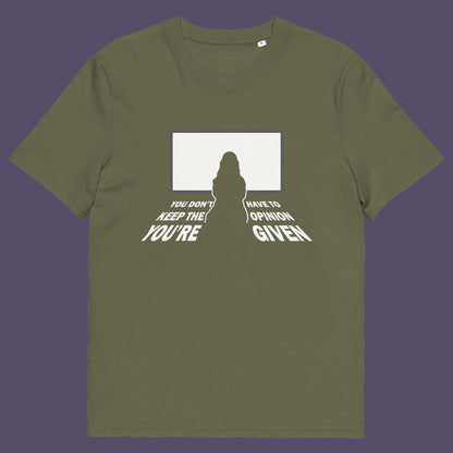 Khaki t shirt. A non conformist t shirt design to promote self awareness. In a age of external influence. especially from mass media, lets not forget that you still own the right to investigate and form your own opinion. A design to promote independent thought and the need to think outside the box. Made from 100% organic ring-spun cotton, this self worth t shirt is unisex, high quality, super comfy, and best of all, eco-friendly.