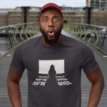 Man wearing an anthracite t-shirt with a graphic design on a bridge background. A non conformist t shirt design to promote self awareness. In a age of external influence. especially from mass media, lets not forget that you still own the right to investigate and form your own opinion. A design to promote independent thought and the need to think outside the box. Made from 100% organic ring-spun cotton, this self worth t shirt is unisex, high quality, super comfy, and best of all, eco-friendly.