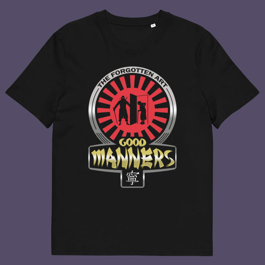 Black t-shirt. A sarcastic and satirical t-shirt design suggesting that good manners are dying out. A dig at modern social awareness and lack of politeness. Made from 100% organic ring-spun cotton, this social awareness t-shirt is unisex, high-quality, super comfy, and best of all, eco-friendly.