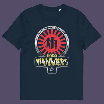 French navy t-shirt. A sarcastic and satirical t-shirt design suggesting that good manners are dying out. A dig at modern social awareness and lack of politeness. Made from 100% organic ring-spun cotton, this social awareness t-shirt is unisex, high-quality, super comfy, and best of all, eco-friendly.