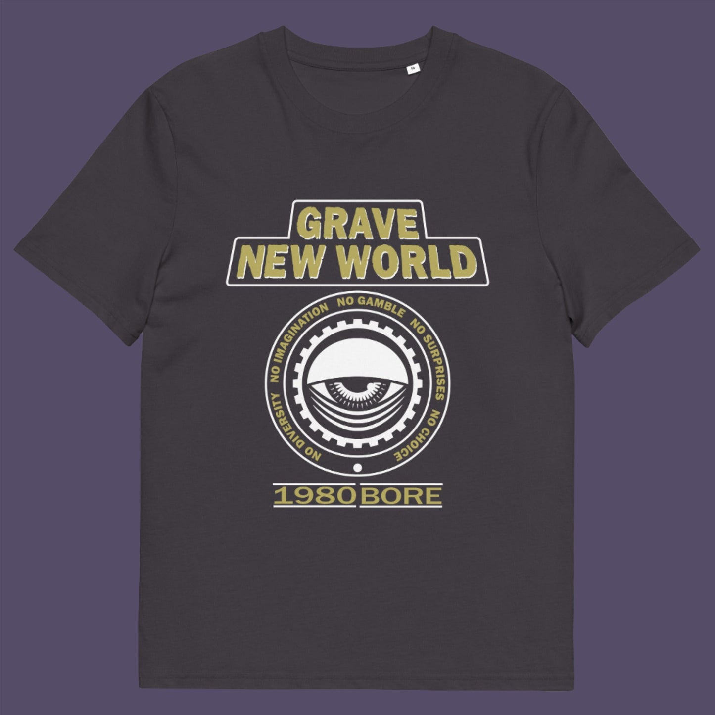Anthracite t-shirt. A unique non conformist t shirt with a twist of satire. Neither George Orwell or Aldous Huxley mentioned how boring the new world would be under analytics and algorithms. A satirical dystopian t shirt design depicting a counter culture view. Made from 100% organic ring-spun cotton, this non conformist t shirt is unisex, high-quality, super comfy, and best of all, eco-friendly.