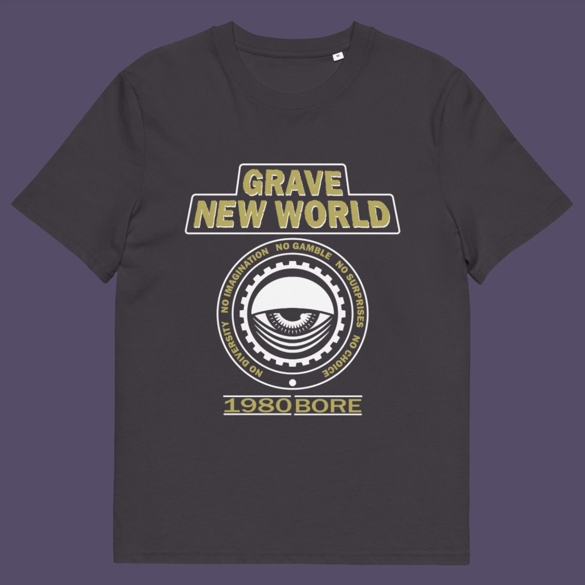 Anthracite t-shirt. A unique non conformist t shirt with a twist of satire. Neither George Orwell or Aldous Huxley mentioned how boring the new world would be under analytics and algorithms. A satirical dystopian t shirt design depicting a counter culture view. Made from 100% organic ring-spun cotton, this non conformist t shirt is unisex, high-quality, super comfy, and best of all, eco-friendly.