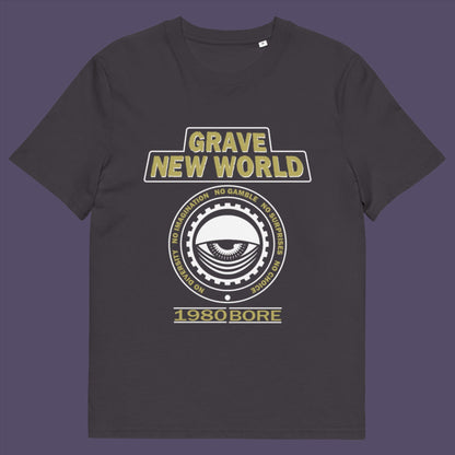 Anthracite t-shirt. A unique non conformist t shirt with a twist of satire. Neither George Orwell or Aldous Huxley mentioned how boring the new world would be under analytics and algorithms. A satirical dystopian t shirt design depicting a counter culture view. Made from 100% organic ring-spun cotton, this non conformist t shirt is unisex, high-quality, super comfy, and best of all, eco-friendly.