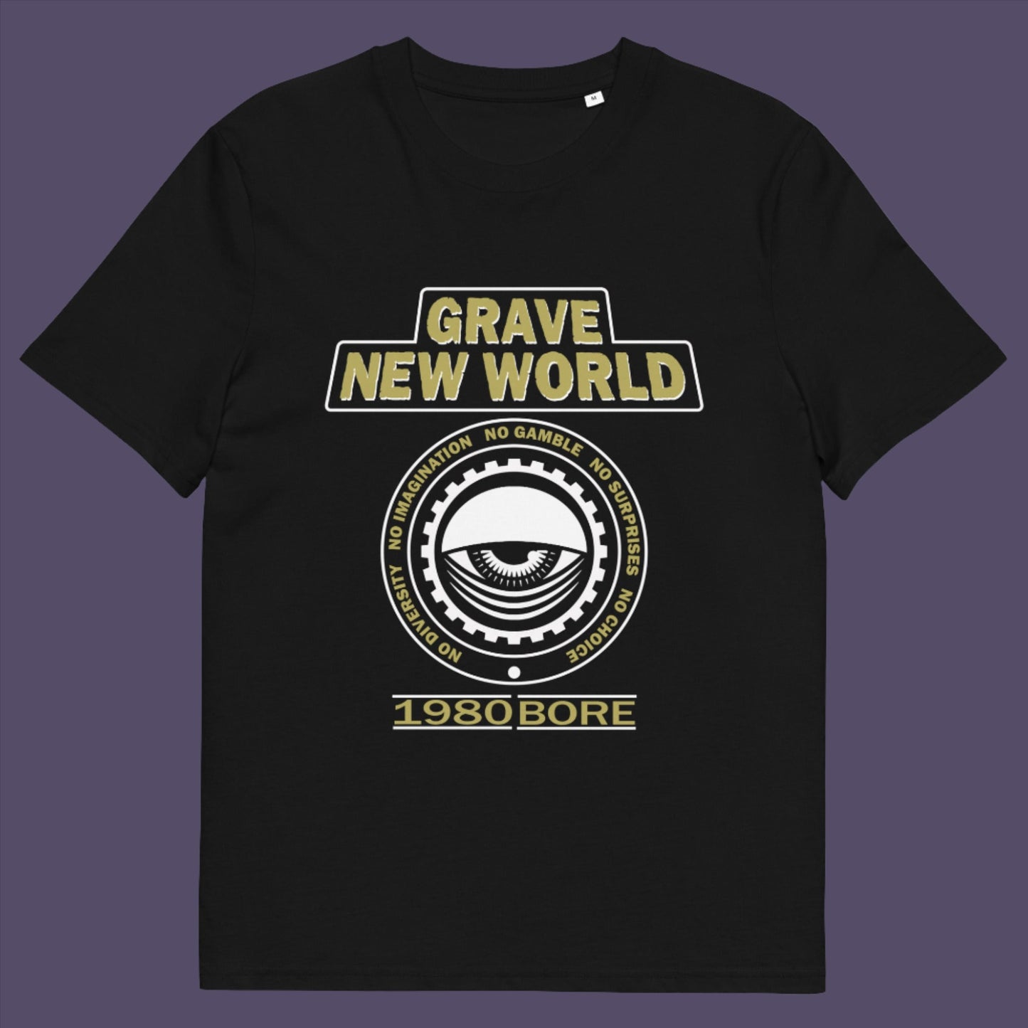 Black t-shirt. Neither George Orwell or Aldous Huxley mentioned how boring the new world would be under analytics and algorithms. A satirical t-shirt design depicting a counter culture view. Made from 100% organic ring-spun cotton, this satirical t-shirt is unisex, high-quality, super comfy, and best of all, eco-friendly.