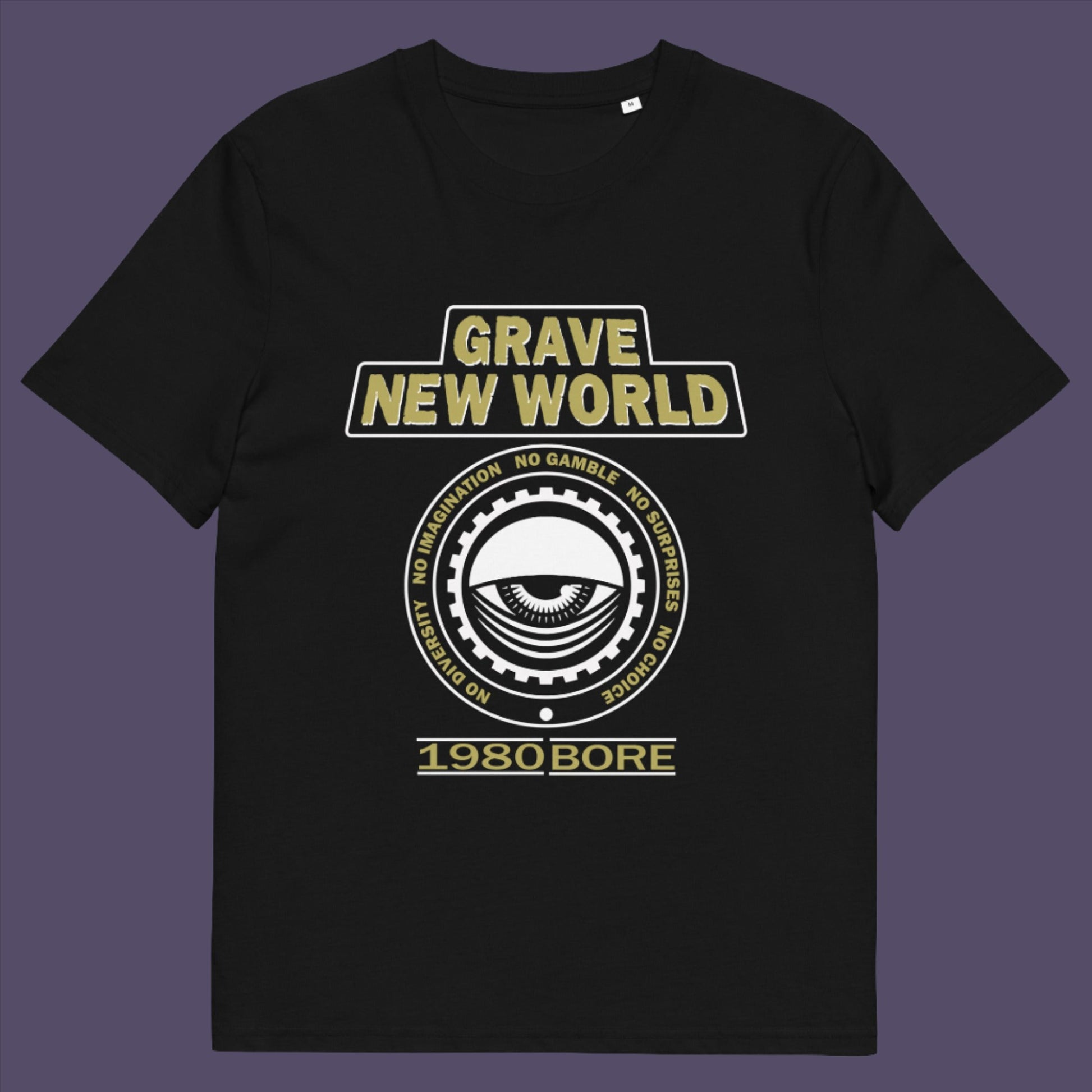 Black t-shirt. Neither George Orwell or Aldous Huxley mentioned how boring the new world would be under analytics and algorithms. A satirical t-shirt design depicting a counter culture view. Made from 100% organic ring-spun cotton, this satirical t-shirt is unisex, high-quality, super comfy, and best of all, eco-friendly.