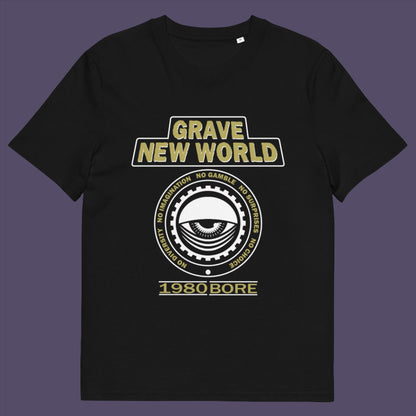 Black t-shirt. Neither George Orwell or Aldous Huxley mentioned how boring the new world would be under analytics and algorithms. A satirical t-shirt design depicting a counter culture view. Made from 100% organic ring-spun cotton, this satirical t-shirt is unisex, high-quality, super comfy, and best of all, eco-friendly.