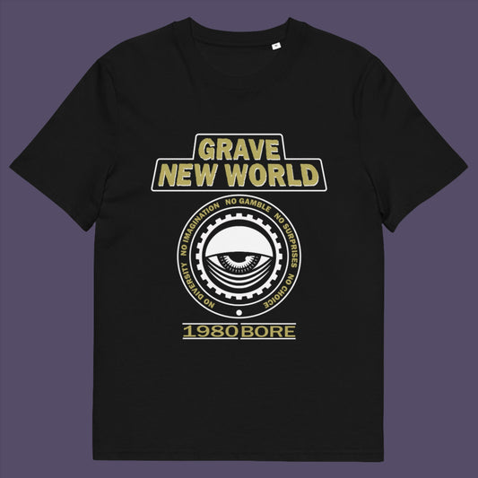 Black t-shirt. Neither George Orwell or Aldous Huxley mentioned how boring the new world would be under analytics and algorithms. A satirical t-shirt design depicting a counter culture view. Made from 100% organic ring-spun cotton, this satirical t-shirt is unisex, high-quality, super comfy, and best of all, eco-friendly.