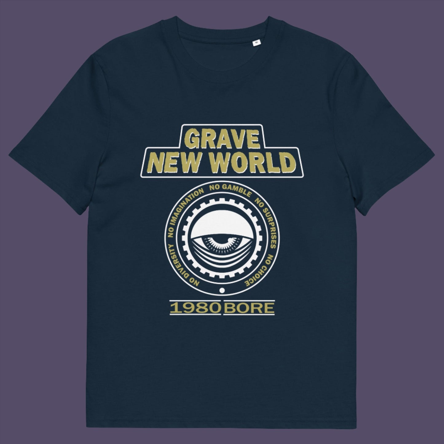 French navy t-shirt. A unique non conformist t shirt with a twist of satire. Neither George Orwell or Aldous Huxley mentioned how boring the new world would be under analytics and algorithms. A satirical dystopian t shirt design depicting a counter culture view. Made from 100% organic ring-spun cotton, this non conformist t shirt is unisex, high-quality, super comfy, and best of all, eco-friendly.