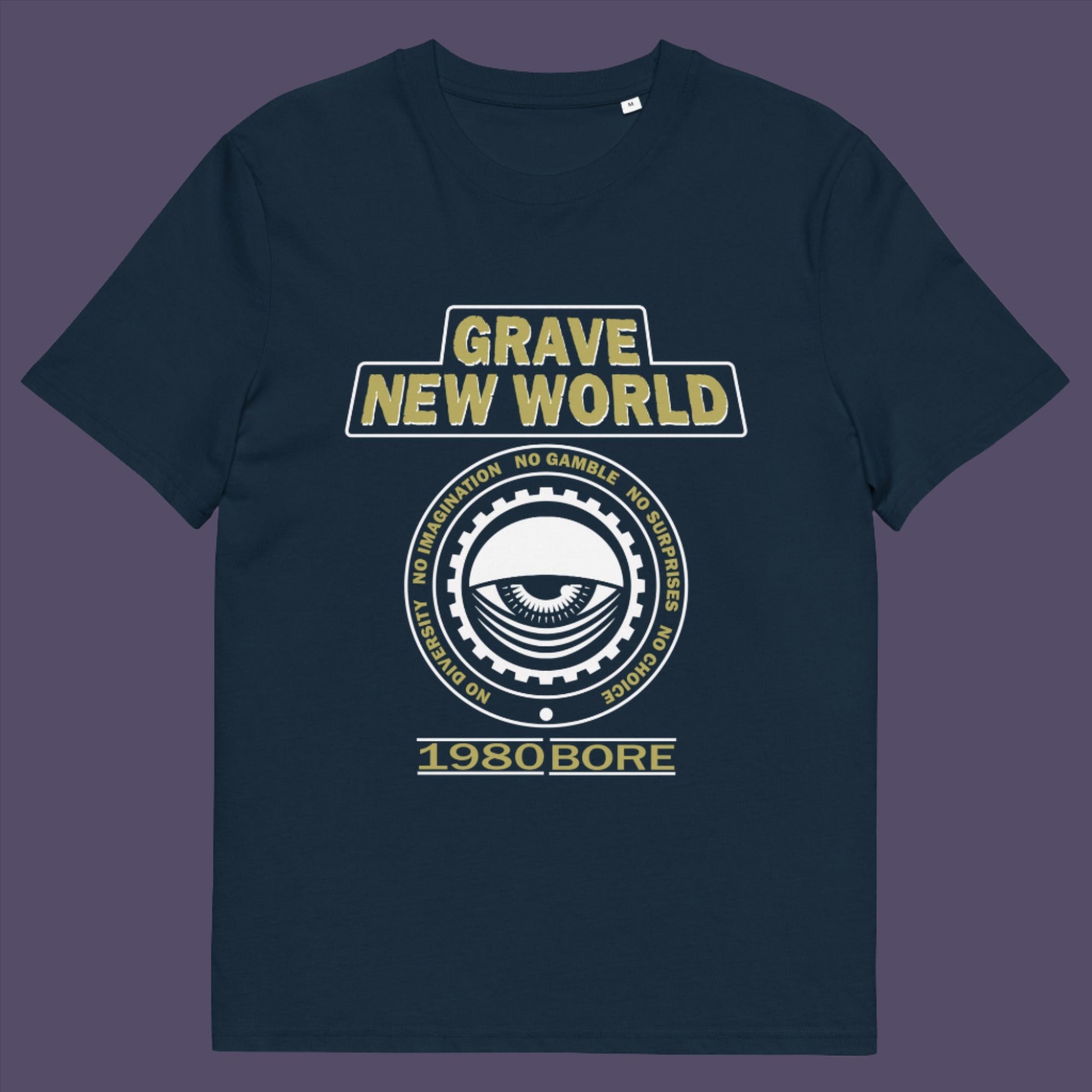 French navy t-shirt. A unique non conformist t shirt with a twist of satire. Neither George Orwell or Aldous Huxley mentioned how boring the new world would be under analytics and algorithms. A satirical dystopian t shirt design depicting a counter culture view. Made from 100% organic ring-spun cotton, this non conformist t shirt is unisex, high-quality, super comfy, and best of all, eco-friendly.