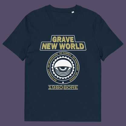 French navy t-shirt. A unique non conformist t shirt with a twist of satire. Neither George Orwell or Aldous Huxley mentioned how boring the new world would be under analytics and algorithms. A satirical dystopian t shirt design depicting a counter culture view. Made from 100% organic ring-spun cotton, this non conformist t shirt is unisex, high-quality, super comfy, and best of all, eco-friendly.