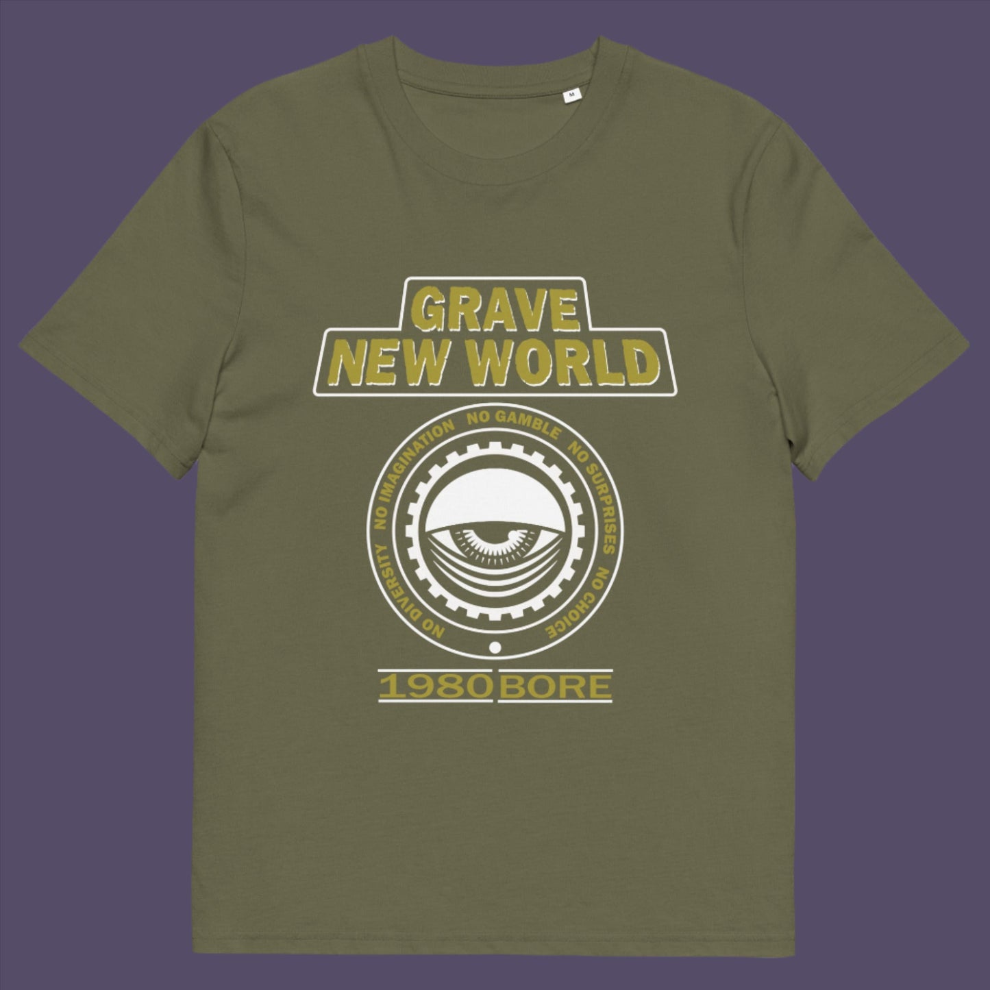 Khaki t-shirt. A unique non conformist t shirt with a twist of satire. Neither George Orwell or Aldous Huxley mentioned how boring the new world would be under analytics and algorithms. A satirical dystopian t shirt design depicting a counter culture view. Made from 100% organic ring-spun cotton, this non conformist t shirt is unisex, high-quality, super comfy, and best of all, eco-friendly.