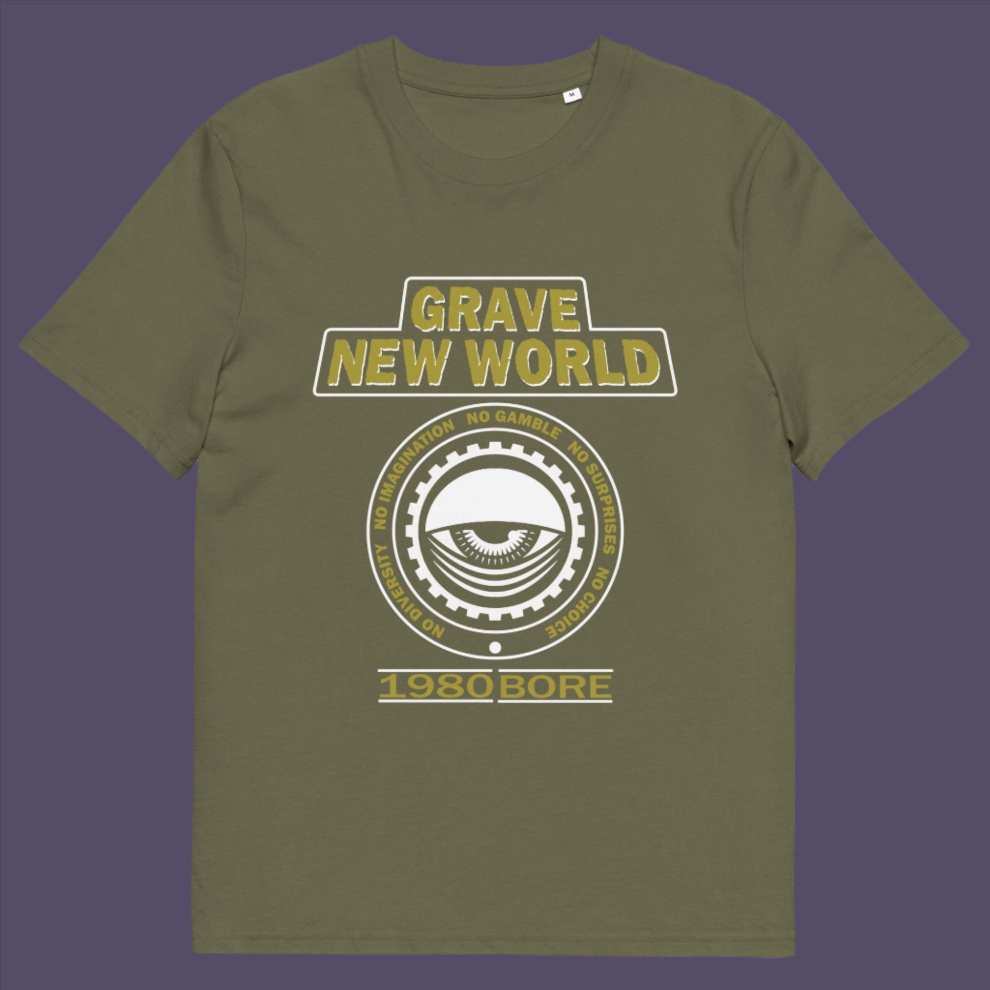 Khaki t-shirt. A unique non conformist t shirt with a twist of satire. Neither George Orwell or Aldous Huxley mentioned how boring the new world would be under analytics and algorithms. A satirical dystopian t shirt design depicting a counter culture view. Made from 100% organic ring-spun cotton, this non conformist t shirt is unisex, high-quality, super comfy, and best of all, eco-friendly.