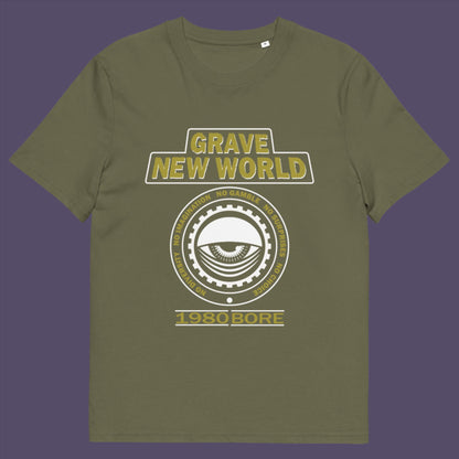 Khaki t-shirt. A unique non conformist t shirt with a twist of satire. Neither George Orwell or Aldous Huxley mentioned how boring the new world would be under analytics and algorithms. A satirical dystopian t shirt design depicting a counter culture view. Made from 100% organic ring-spun cotton, this non conformist t shirt is unisex, high-quality, super comfy, and best of all, eco-friendly.