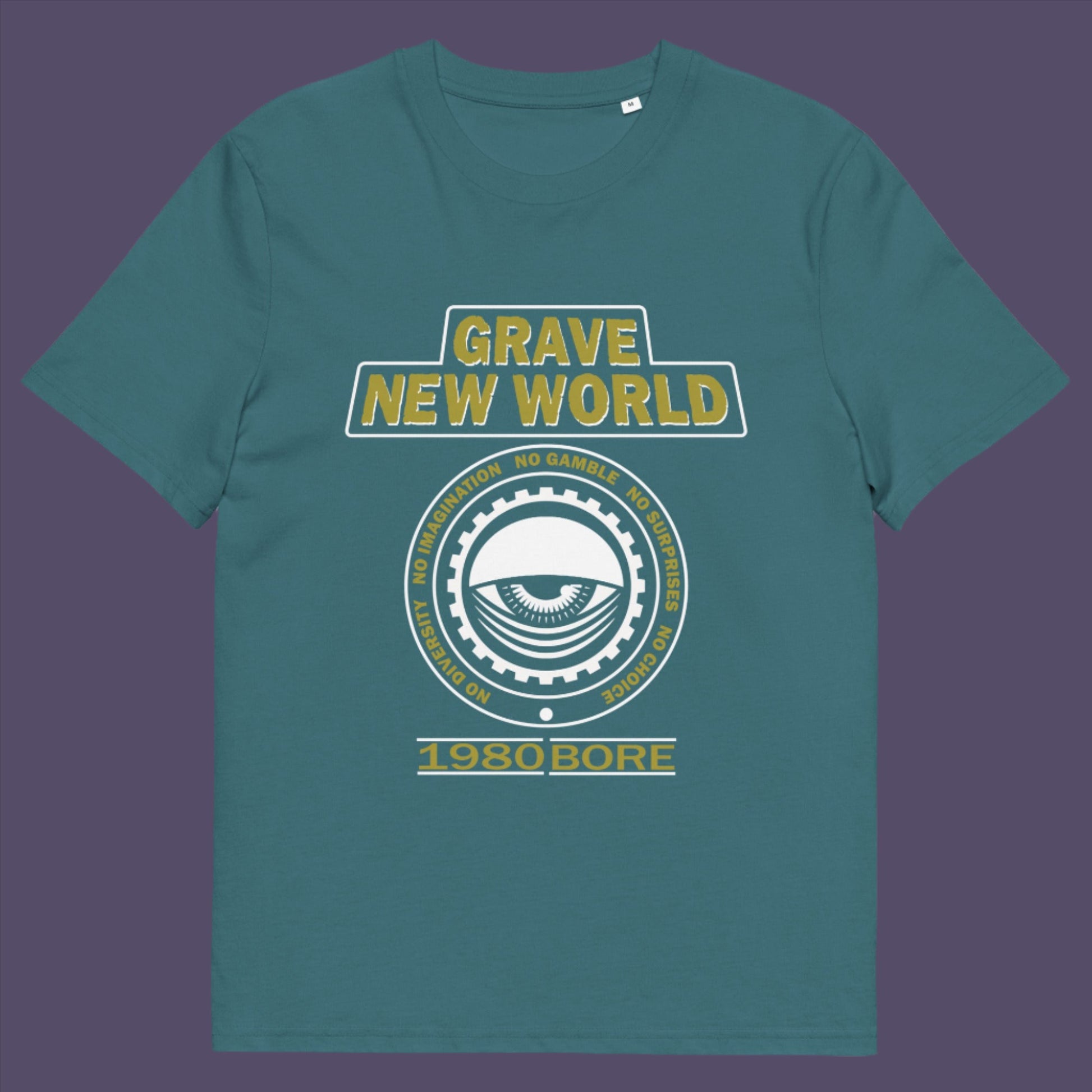 Stargazer t-shirt. A unique non conformist t shirt with a twist of satire. Neither George Orwell or Aldous Huxley mentioned how boring the new world would be under analytics and algorithms. A satirical dystopian t shirt design depicting a counter culture view. Made from 100% organic ring-spun cotton, this non conformist t shirt is unisex, high-quality, super comfy, and best of all, eco-friendly.