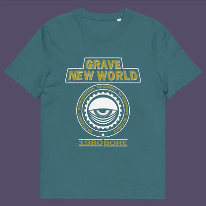 Stargazer t-shirt. A unique non conformist t shirt with a twist of satire. Neither George Orwell or Aldous Huxley mentioned how boring the new world would be under analytics and algorithms. A satirical dystopian t shirt design depicting a counter culture view. Made from 100% organic ring-spun cotton, this non conformist t shirt is unisex, high-quality, super comfy, and best of all, eco-friendly.