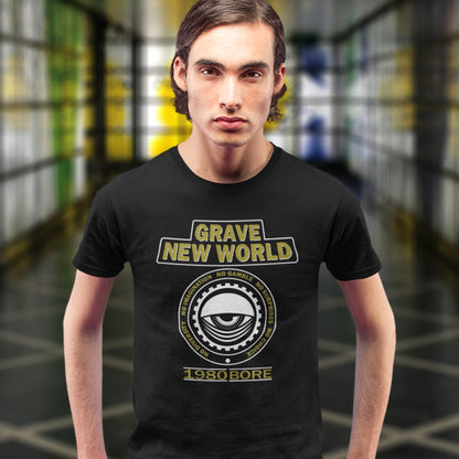 Person wearing a black t-shirt with 'Grave New World' design in a blurred warehouse setting. A unique non conformist t shirt with a twist of satire. Neither George Orwell or Aldous Huxley mentioned how boring the new world would be under analytics and algorithms. A satirical dystopian t shirt design depicting a counter culture view. Made from 100% organic ring-spun cotton, this non conformist t shirt is unisex, high-quality, super comfy, and best of all, eco-friendly.