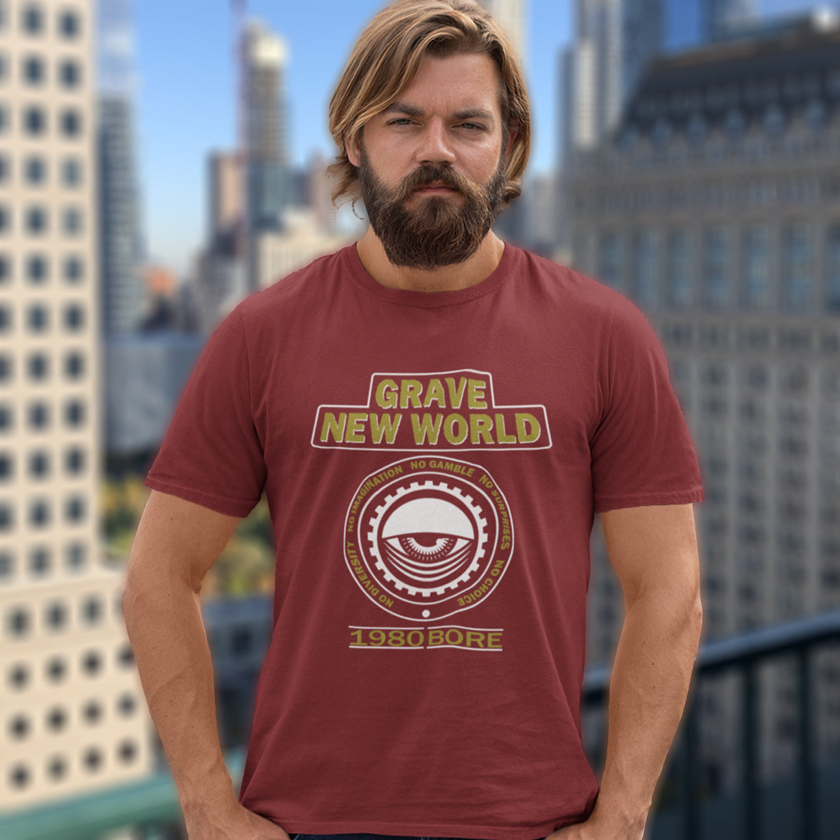 Man wearing a 'Grave New World' t-shirt with a cityscape in the background. A unique non conformist t shirt with a twist of satire. Neither George Orwell or Aldous Huxley mentioned how boring the new world would be under analytics and algorithms. A satirical dystopian t shirt design depicting a counter culture view. Made from 100% organic ring-spun cotton, this non conformist t shirt is unisex, high-quality, super comfy, and best of all, eco-friendly.