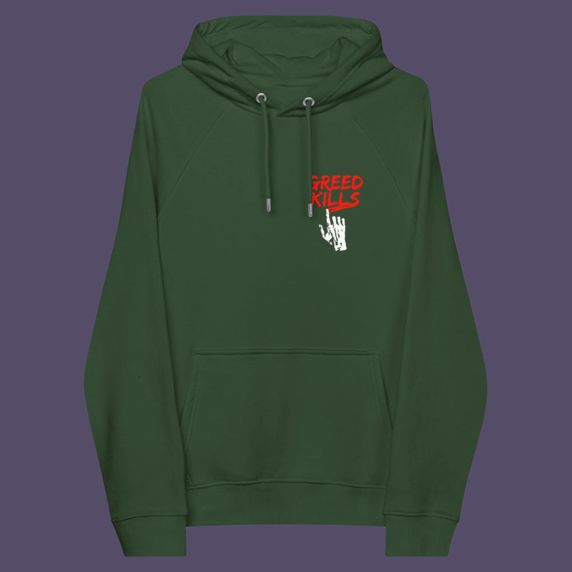 Greed, the slow-creeping, strong-holding virus that has been with us since the beginning of time, yet we still can't find a cure. Comfortable and practical. It's extra soft and has a convenient front pouch pocket. Made from organic cotton and recycled polyester, this social awareness hoodie is a great eco-friendly choice.