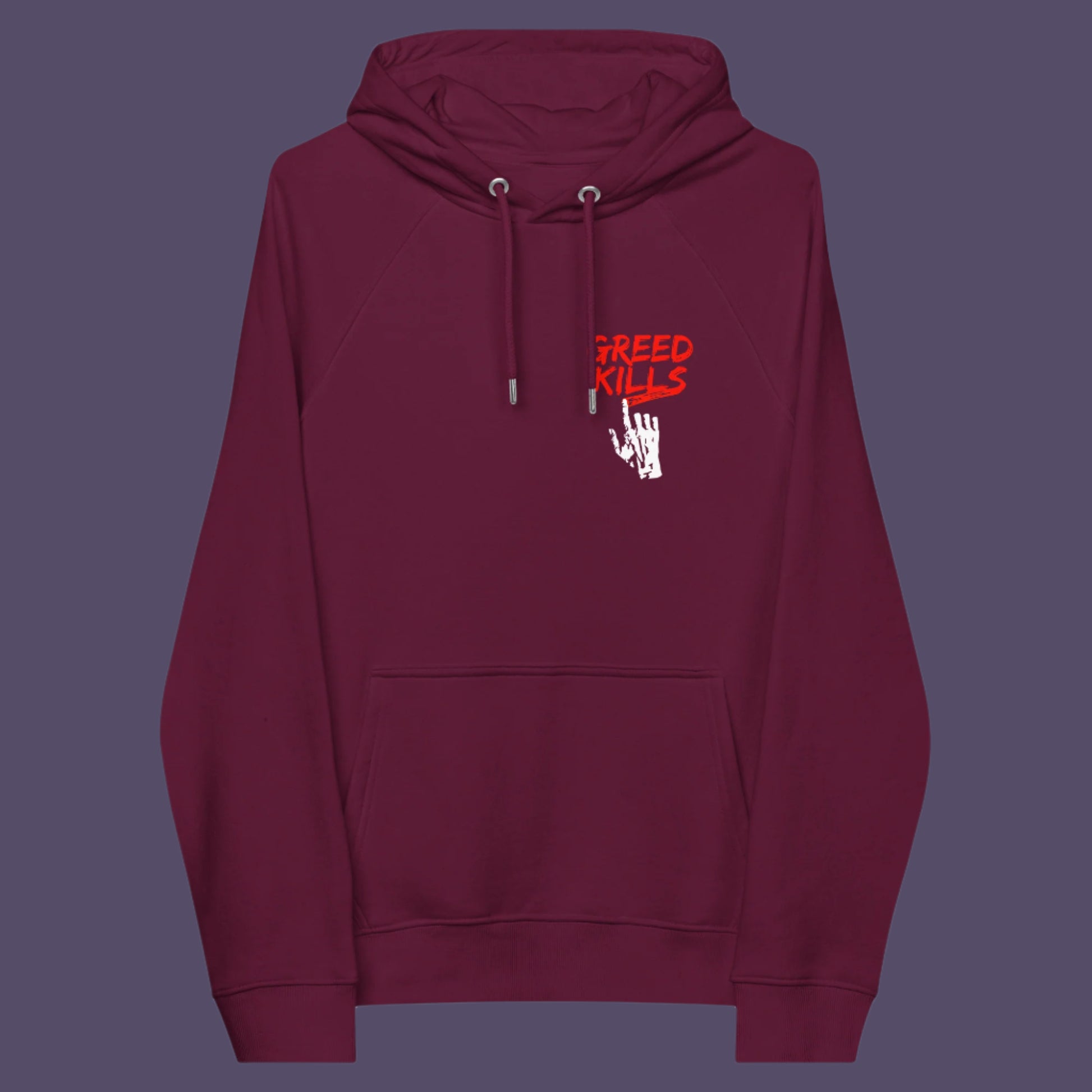 Greed, the slow-creeping, strong-holding virus that has been with us since the beginning of time, yet we still can't find a cure. Comfortable and practical. It's extra soft and has a convenient front pouch pocket. Made from organic cotton and recycled polyester, this social awareness hoodie is a great eco-friendly choice.