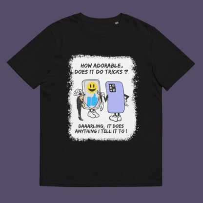 Black t-shirt. An satirical cartoon t-shirt depicting a twisted view of what's really going on in some peoples relationship with their mobile phone. Sometimes you have to wonder who owns who. An original design to promote social awareness. Made from 100% organic ring-spun cotton, this satirical cartoon t-shirt is unisex, high-quality, super comfy, and best of all, eco-friendly.