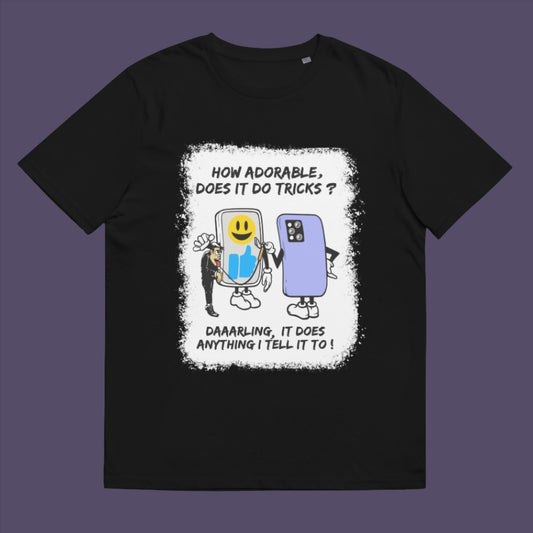 Black t-shirt. An satirical cartoon t-shirt depicting a twisted view of what's really going on in some peoples relationship with their mobile phone. Sometimes you have to wonder who owns who. An original design to promote social awareness. Made from 100% organic ring-spun cotton, this satirical cartoon t-shirt is unisex, high-quality, super comfy, and best of all, eco-friendly.