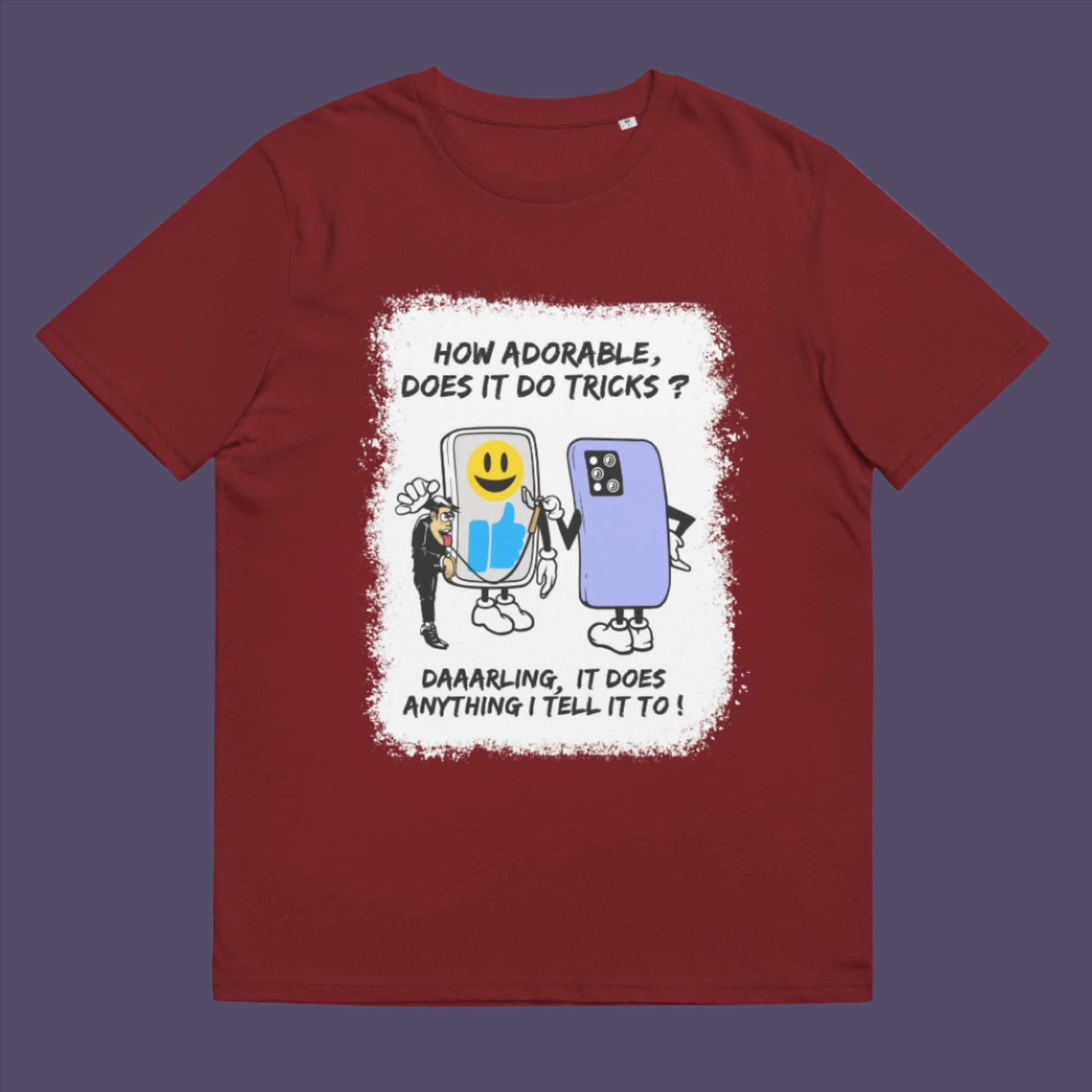 Burgundy t-shirt. An satirical cartoon t-shirt depicting a twisted view of what's really going on in some peoples relationship with their mobile phone. Sometimes you have to wonder who owns who. An original design to promote social awareness. Made from 100% organic ring-spun cotton, this satirical cartoon t-shirt is unisex, high-quality, super comfy, and best of all, eco-friendly.