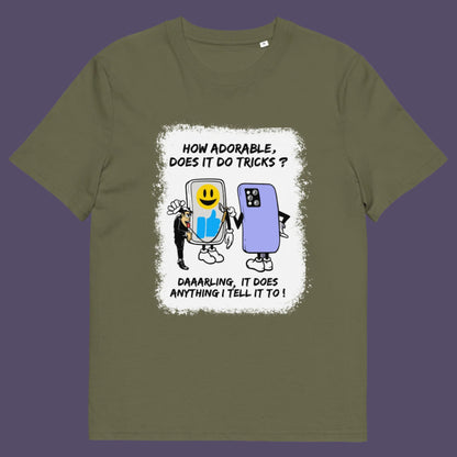Khaki t-shirt. An satirical cartoon t-shirt depicting a twisted view of what's really going on in some peoples relationship with their mobile phone. Sometimes you have to wonder who owns who. An original design to promote social awareness. Made from 100% organic ring-spun cotton, this satirical cartoon t-shirt is unisex, high-quality, super comfy, and best of all, eco-friendly.