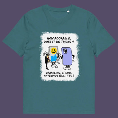 Stargazer t-shirt. An satirical cartoon t-shirt depicting a twisted view of what's really going on in some peoples relationship with their mobile phone. Sometimes you have to wonder who owns who. An original design to promote social awareness. Made from 100% organic ring-spun cotton, this satirical cartoon t-shirt is unisex, high-quality, super comfy, and best of all, eco-friendly.