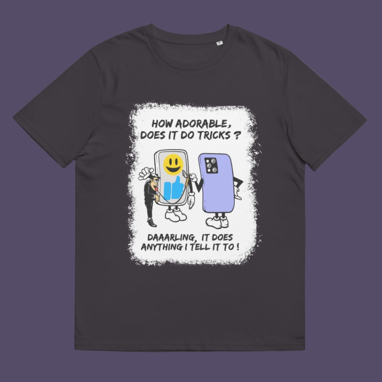 Anthracite t-shirt. An anti mobile phone abuse t-shirt depicting a twisted view of what's really going on in some peoples relationship with their mobile phone. Sometimes you have to wonder who owns who. An original design to promote social awareness. Made from 100% organic ring-spun cotton, this anti smart phone abuse t-shirt is unisex, high-quality, super comfy, and best of all, eco-friendly.