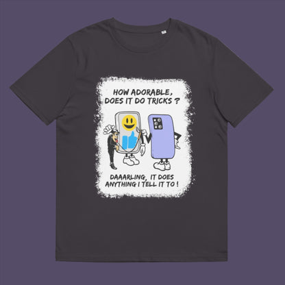 Anthracite t-shirt. An anti mobile phone abuse t-shirt depicting a twisted view of what's really going on in some peoples relationship with their mobile phone. Sometimes you have to wonder who owns who. An original design to promote social awareness. Made from 100% organic ring-spun cotton, this anti smart phone abuse t-shirt is unisex, high-quality, super comfy, and best of all, eco-friendly.