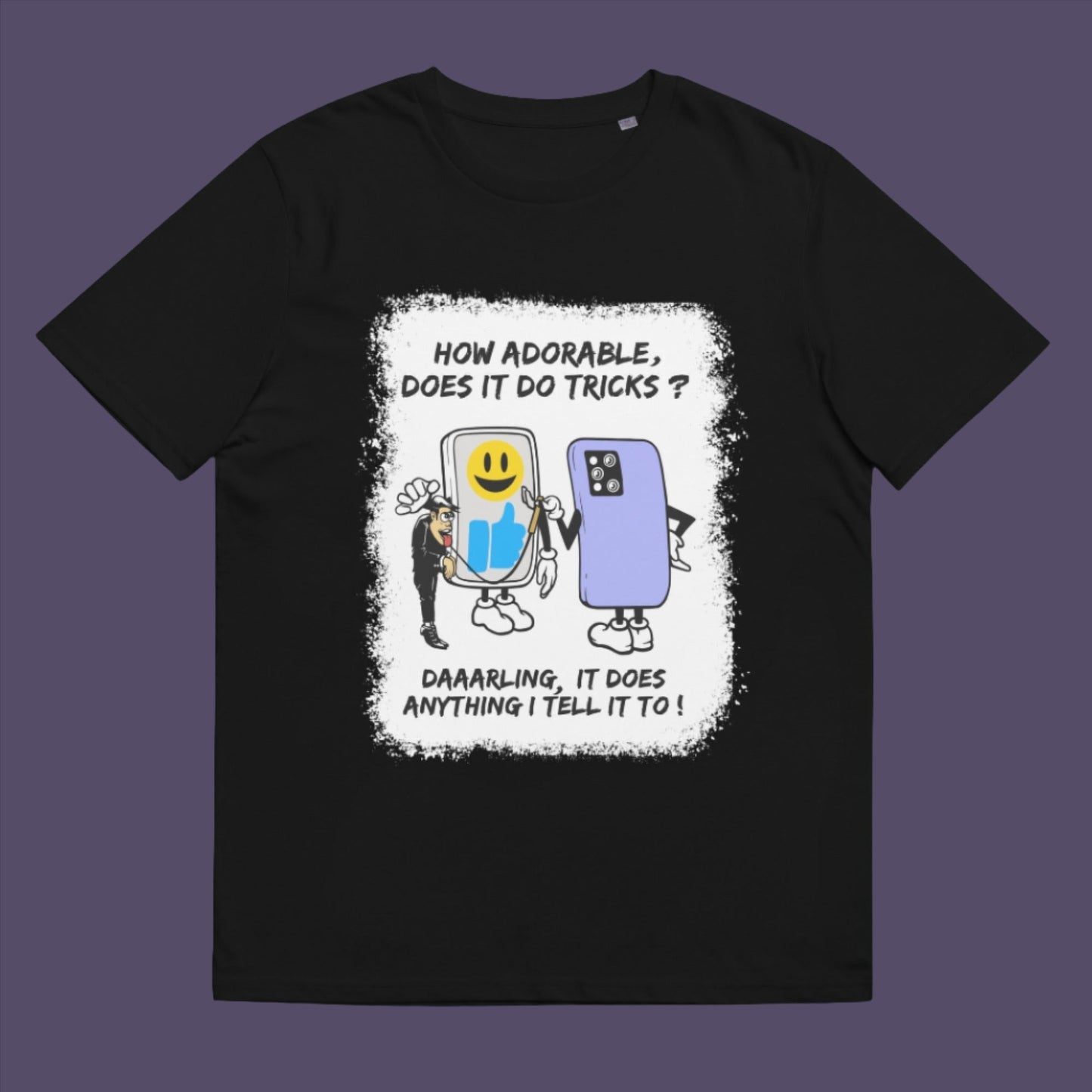 Black t-shirt. An anti mobile phone abuse t-shirt depicting a twisted view of what's really going on in some peoples relationship with their mobile phone. Sometimes you have to wonder who owns who. An original design to promote social awareness. Made from 100% organic ring-spun cotton, this anti smart phone abuse t-shirt is unisex, high-quality, super comfy, and best of all, eco-friendly.