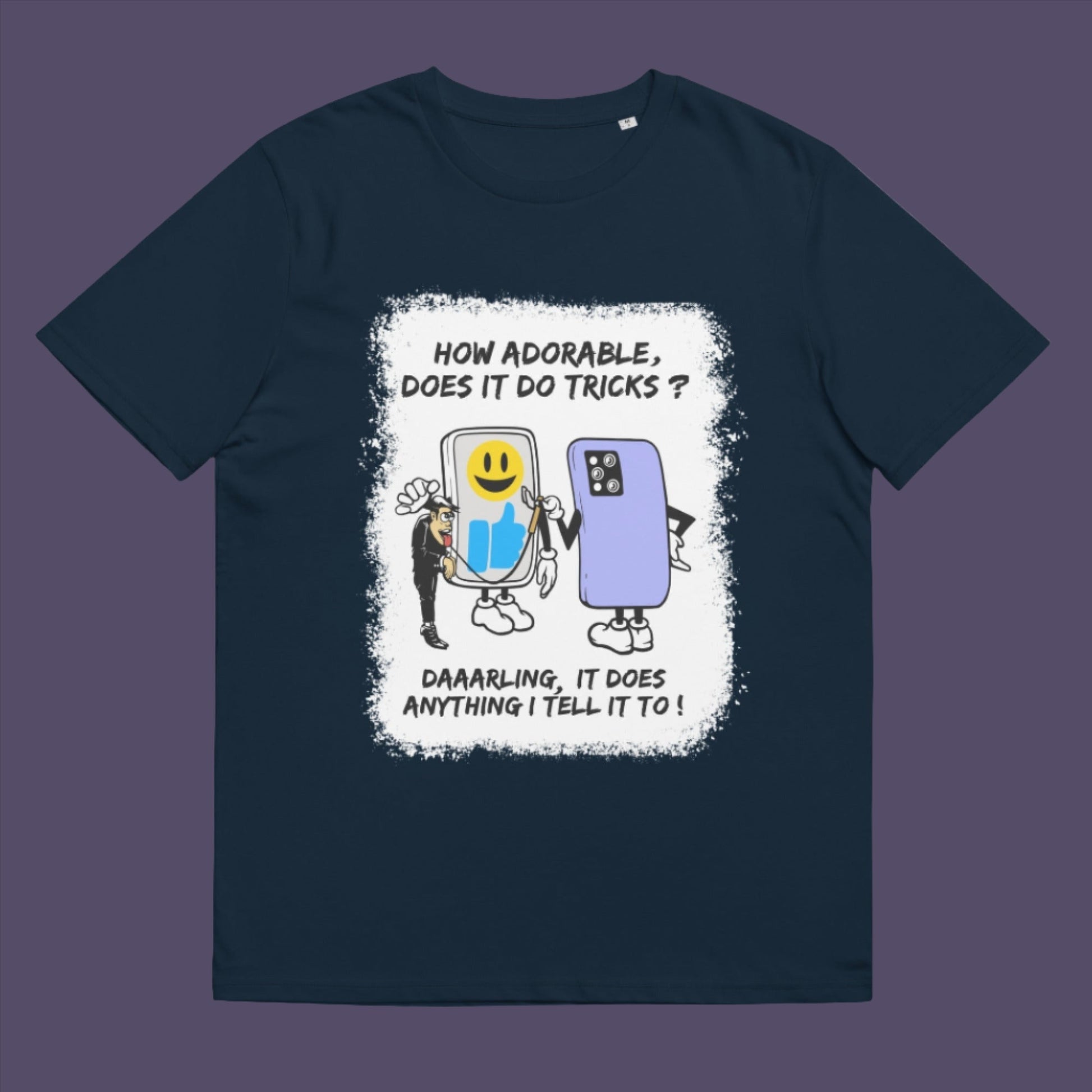 French navy t-shirt. An anti mobile phone abuse t-shirt depicting a twisted view of what's really going on in some peoples relationship with their mobile phone. Sometimes you have to wonder who owns who. An original design to promote social awareness. Made from 100% organic ring-spun cotton, this anti smart phone abuse t-shirt is unisex, high-quality, super comfy, and best of all, eco-friendly.