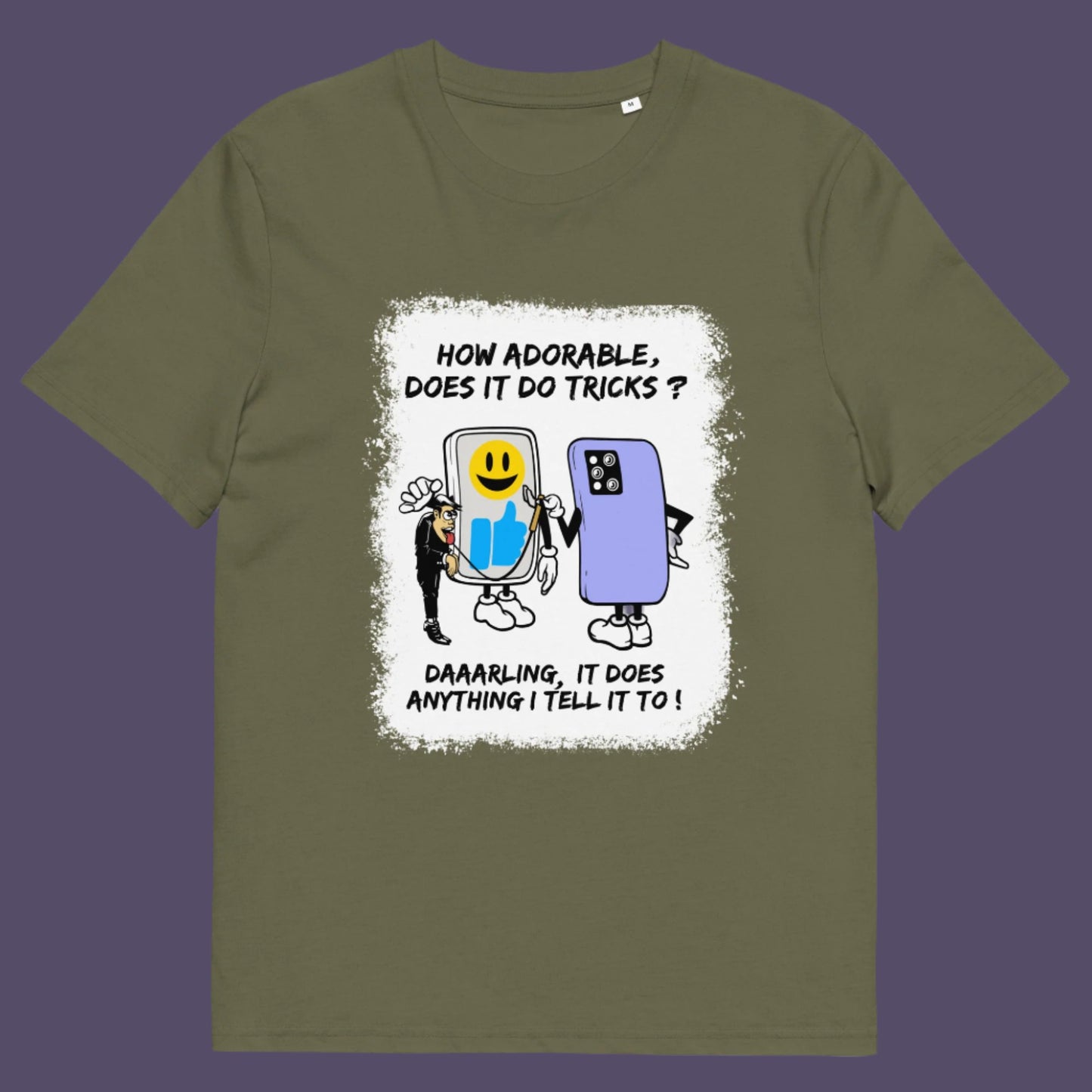 Khaki t-shirt. An anti mobile phone abuse t-shirt depicting a twisted view of what's really going on in some peoples relationship with their mobile phone. Sometimes you have to wonder who owns who. An original design to promote social awareness. Made from 100% organic ring-spun cotton, this anti smart phone abuse t-shirt is unisex, high-quality, super comfy, and best of all, eco-friendly.