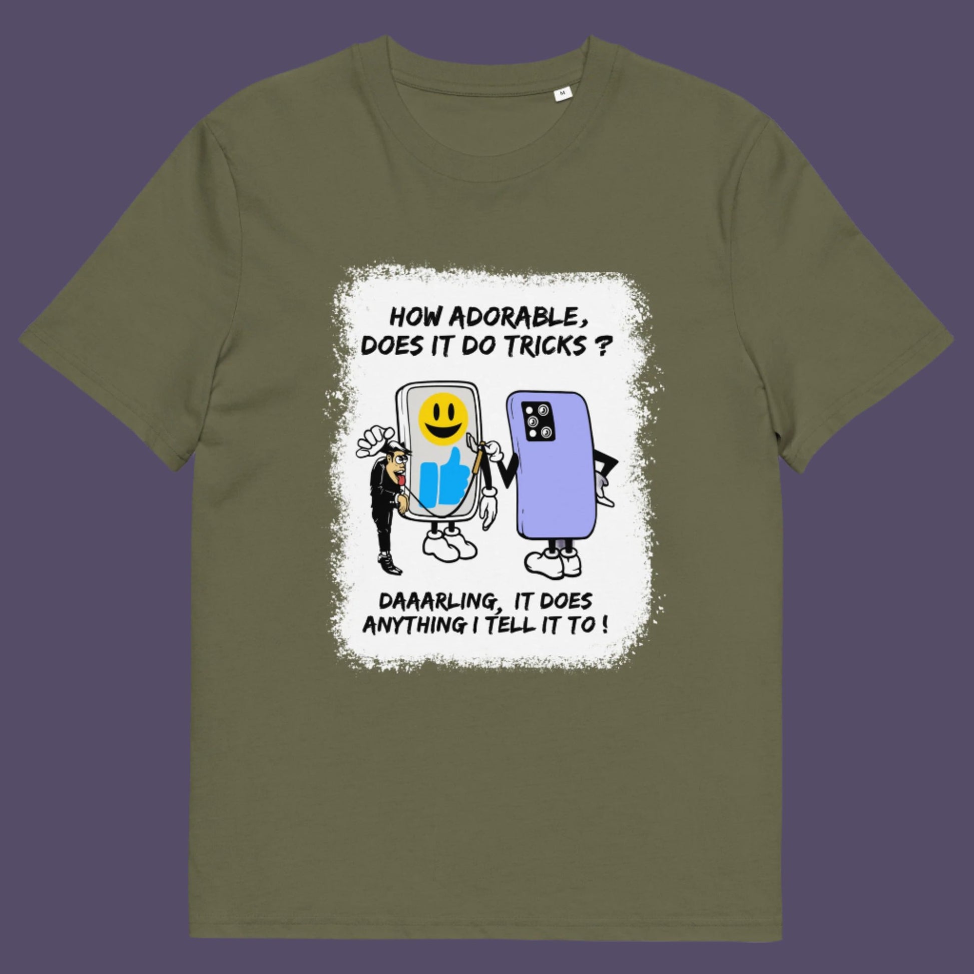 Khaki t-shirt. An anti mobile phone abuse t-shirt depicting a twisted view of what's really going on in some peoples relationship with their mobile phone. Sometimes you have to wonder who owns who. An original design to promote social awareness. Made from 100% organic ring-spun cotton, this anti smart phone abuse t-shirt is unisex, high-quality, super comfy, and best of all, eco-friendly.