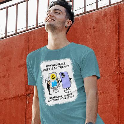 Man wearing a stargazer t-shirt with a graphic design against a red wall. An anti mobile phone abuse t-shirt depicting a twisted view of what's really going on in some peoples relationship with their mobile phone. Sometimes you have to wonder who owns who. An original design to promote social awareness. Made from 100% organic ring-spun cotton, this anti smart phone abuse t-shirt is unisex, high-quality, super comfy, and best of all, eco-friendly.