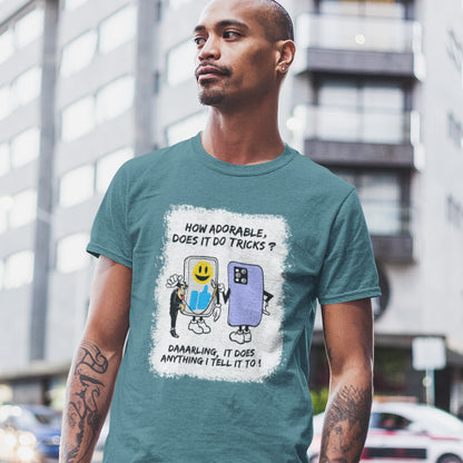 Man wearing a stargazer t-shirt with a graphic design in an urban setting. An anti mobile phone abuse t-shirt depicting a twisted view of what's really going on in some peoples relationship with their mobile phone. Sometimes you have to wonder who owns who. An original design to promote social awareness. Made from 100% organic ring-spun cotton, this anti smart phone abuse t-shirt is unisex, high-quality, super comfy, and best of all, eco-friendly.