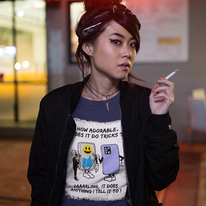 Person wearing a graphic t-shirt with text and graphics, holding a cigarette indoors. An satirical cartoon t-shirt depicting a twisted view of what's really going on in some peoples relationship with their mobile phone. Sometimes you have to wonder who owns who. An original design to promote social awareness. Made from 100% organic ring-spun cotton, this satirical cartoon t-shirt is unisex, high-quality, super comfy, and best of all, eco-friendly.